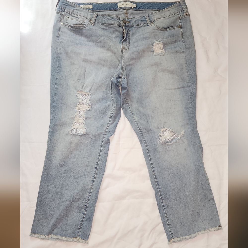 Torrid Blue Boyfriend With Distressed Lace Detail